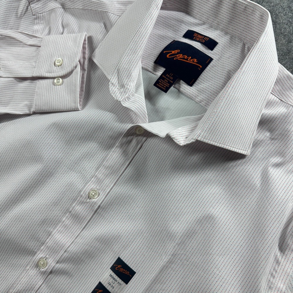 Egara Dress Shirt Mens 17 34/35 White Skinny Fit Stretch Micro Dotted Stripe NEW